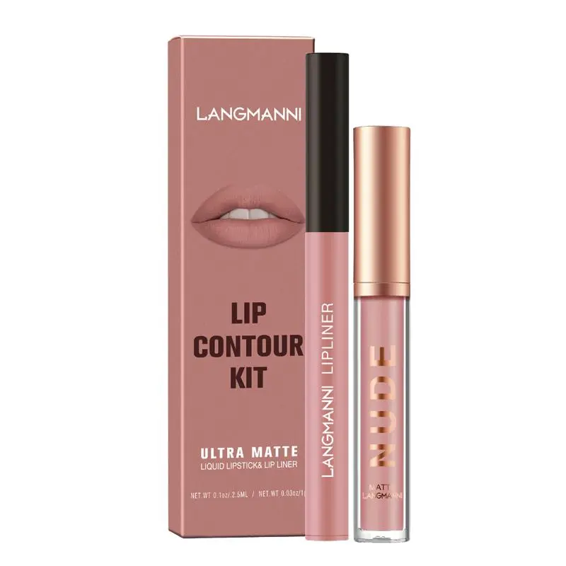 Lipstick & Lip Liner Makeup Set, 2pcs Non-stick Cup Matte Lip Gloss & Lip Liner Set, Long Lasting Moisturizing Lip Makeup Kit