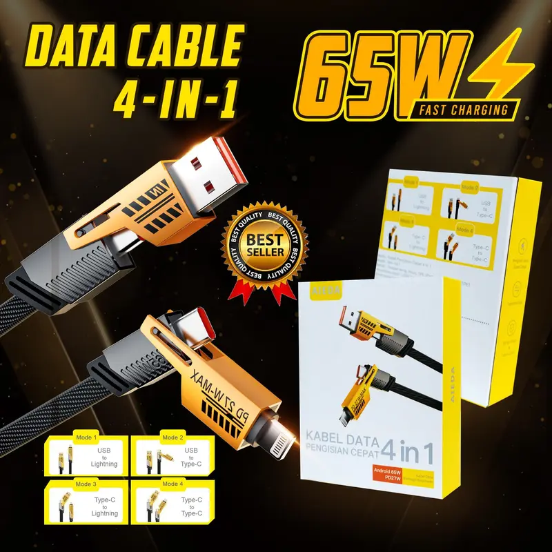 AiEda - Kabel Charger Data 4 in 1 Convertible Metal Fast Charge Cable 65W 3.9 ft Kabel TYPE C & Lightning/Iphone (Tidak Untuk Micro/Usb) Panjang 100Cm 6