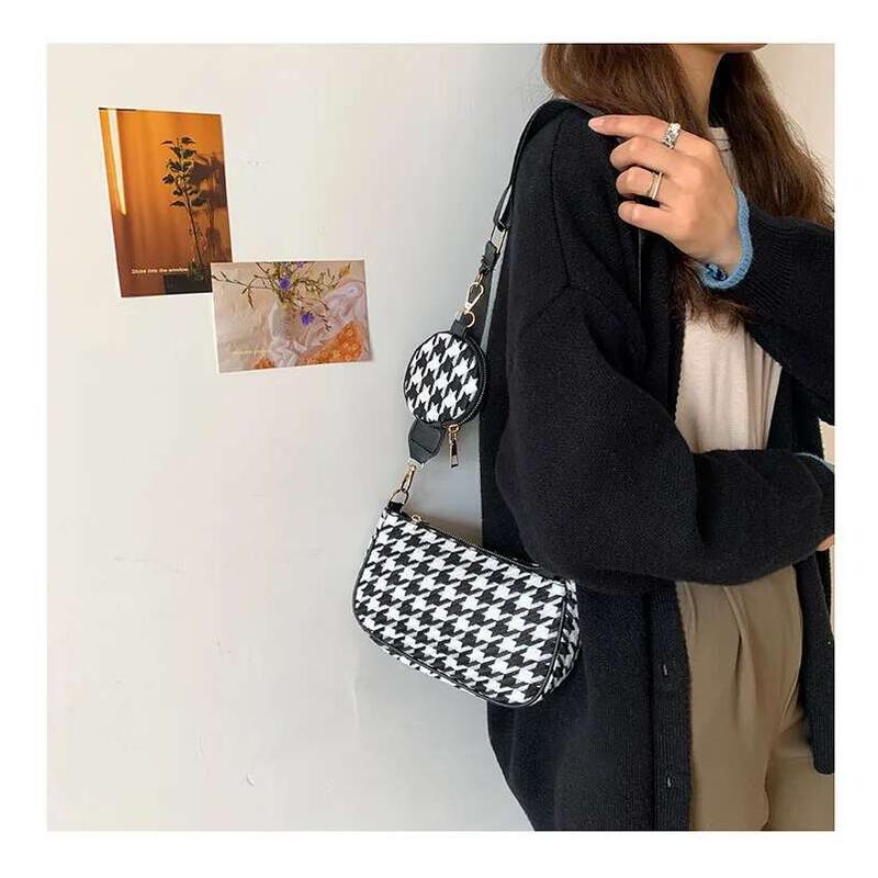 Product Introduction of Female Vintage Plaid Printing Shoulder with Mini Round Purse Pendant Women Casual Small Crossbody Bags 2pcs Composite 10