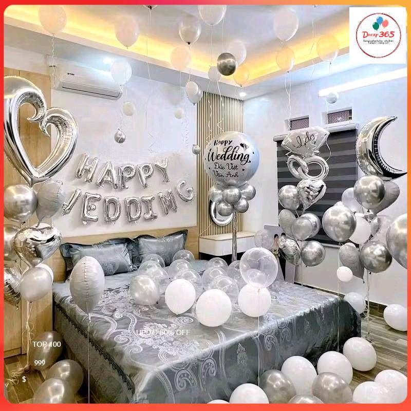 Sét bóng bay trang trí phòng cưới happy wedding, bóng bay trang trí phòng tân hôn màu trắng bạc