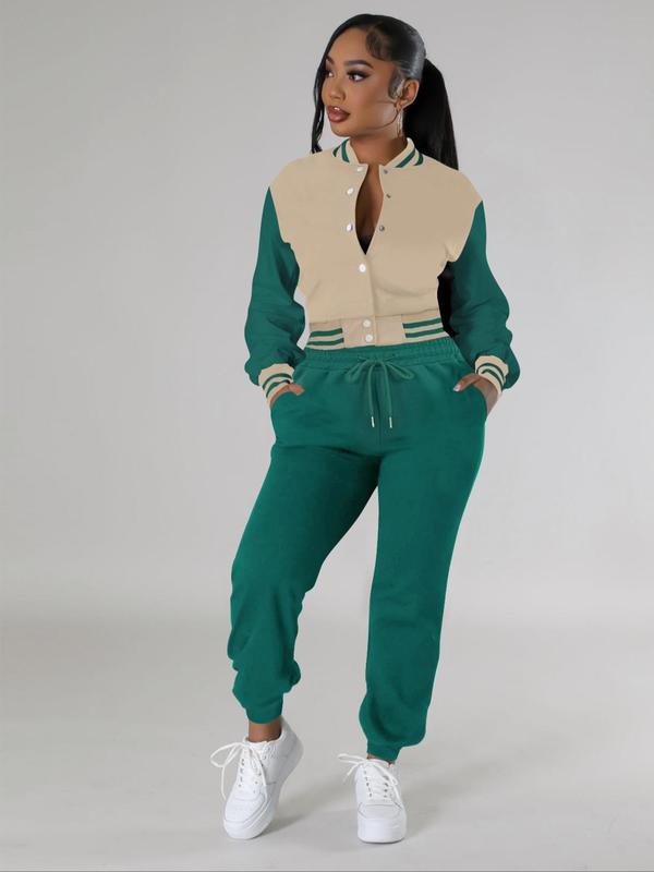 Women's Colorblock Print Short Jacket & Drawstring Waist Sweatpants Two-piece Set, Two Piece Set Women, Casual Long Sleeve Mock Neck Outerwear & Pocket Pants for Daily Wear, Ladies Fall & Winter Clothes, Co-ord Sets 0
