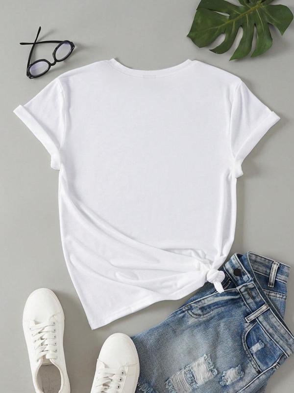 Women's Heart Print Tee, Casual Short Sleeve Crew Neck T-shirt for Daily Wear, Ladies Clothes for All Seasons 1
