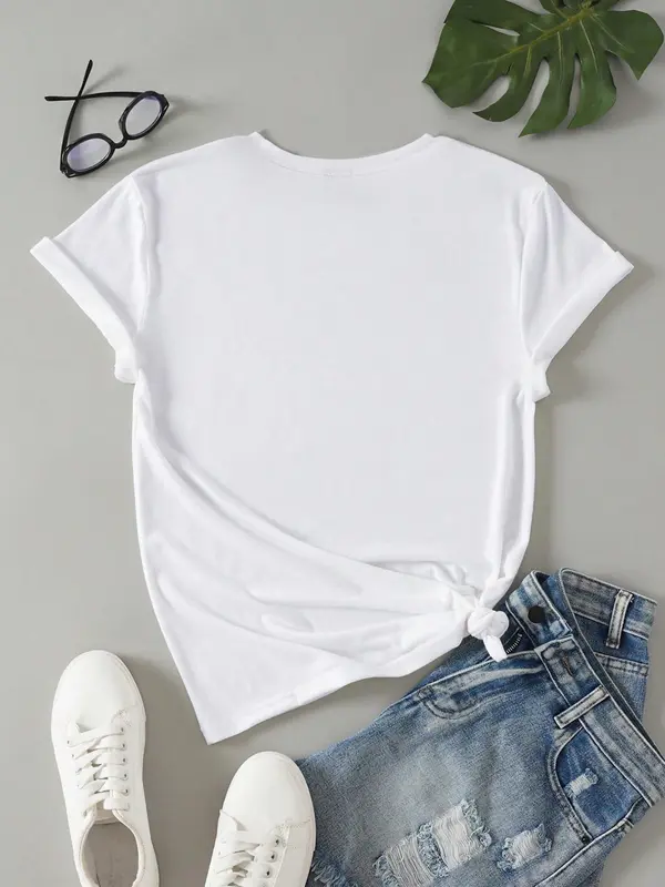 Women's Heart Print Tee, Casual Short Sleeve Crew Neck T-shirt for Daily Wear, Ladies Clothes for All Seasons 1