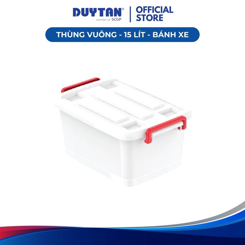 Thùng vuông 15-bánh xe DUY TÂN nhựa PP, thùng nhựa lưu trữ đa năng có bánh xe, quai xách 2 bên túi đựng sách hộp & thùng
