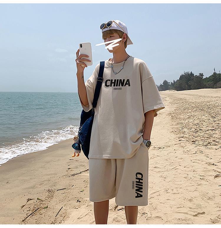 Product Introduction of Summer New Trendy Hong Kong Style Simple Letter Printing Leisure Sports Suit Green Student Short Sleeve Shorts Two Pieces Suit Menswear Overalls Lingerie Formal 22