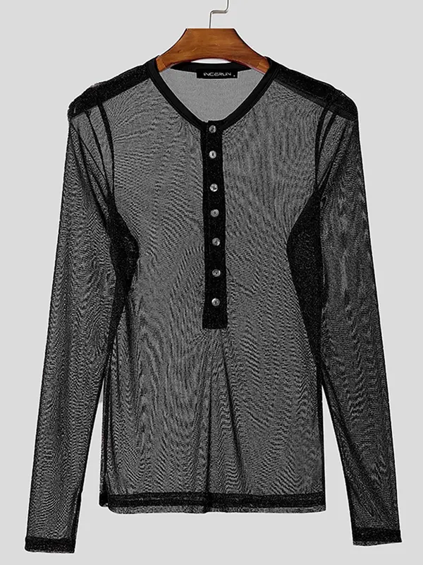 Men's Sexy Tops Sparkling Fabric T-shirts for Party Nightclub,Fashion See-through Mesh Thin Long Sleeve Tee for New Year Christmas 4