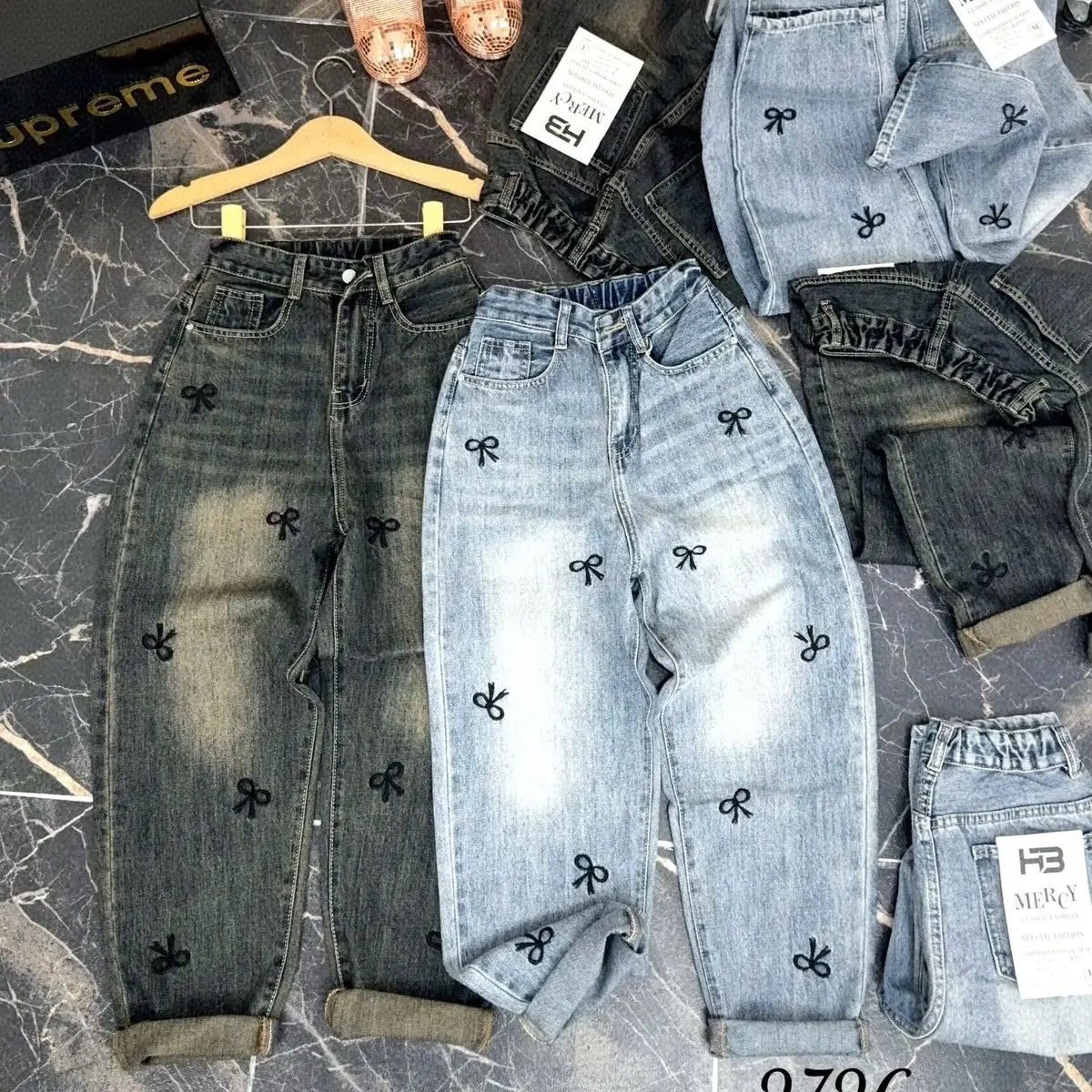 Quần jean baggy thêu nơ toàn thân lưng thun sussu store Jean