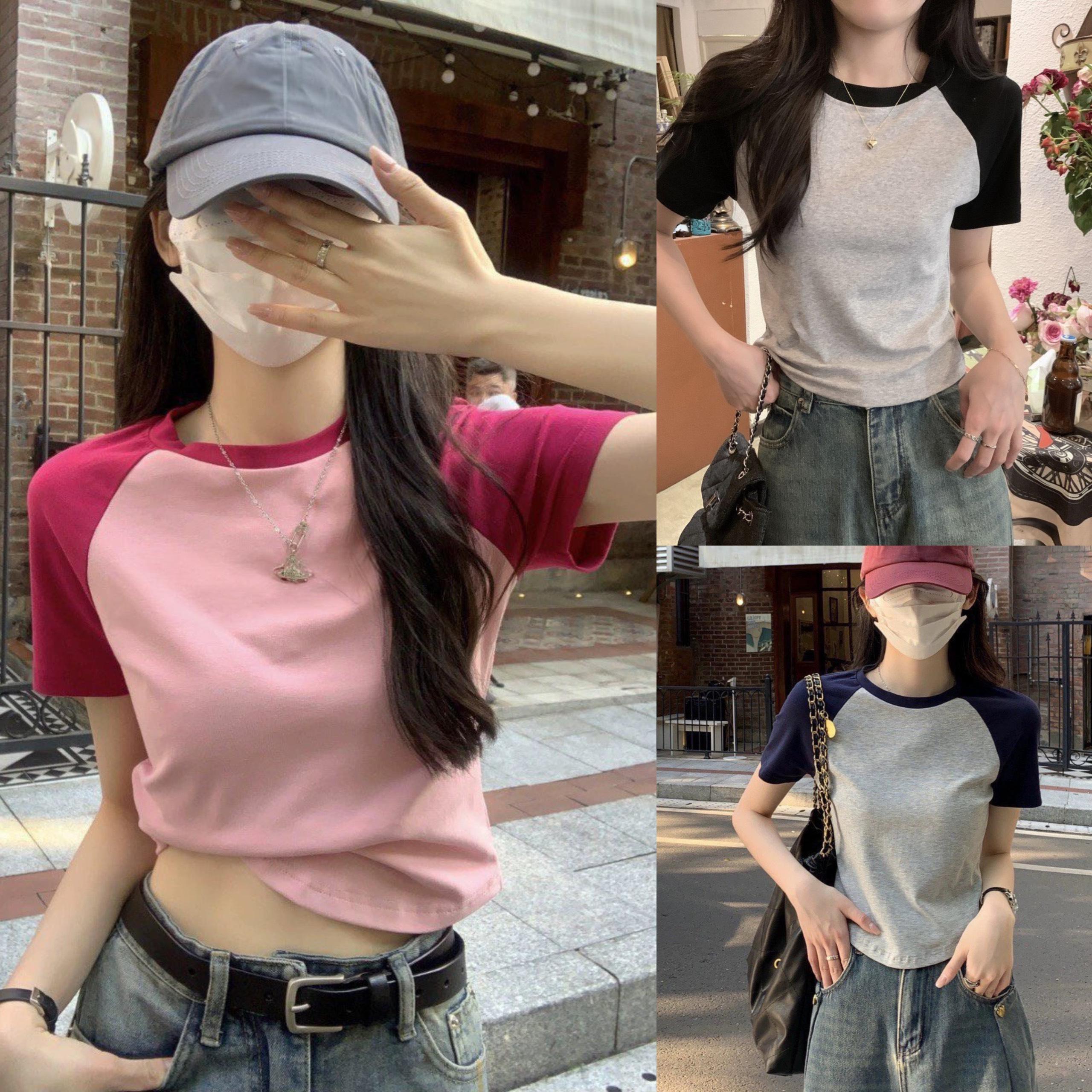 Áo Thun Tay Phối Cổ Tròn Vải Thun Gân Tăm  45 - 90Kg Thời Trang Nữ - A.1365