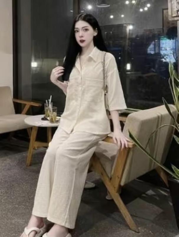 Set đũi nữ áo sơ mi đũi xốp kèm quần suông ống rộng bộ mặc nhà