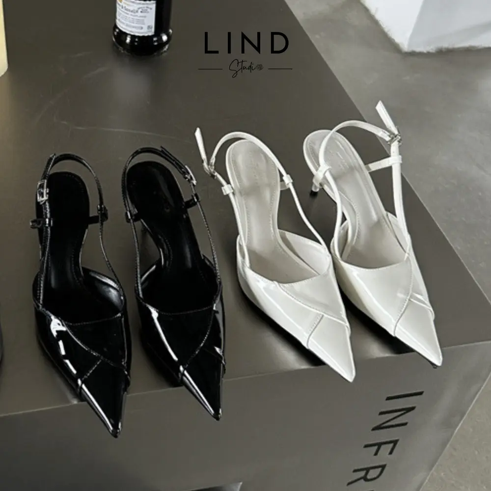 Giày cao gót mũi sen 7cm G131 - 7AMI LinD da PU bóng (Đen/Trắng) - size 35-39 cho nữ - slingback - shoes DéP guoc  xinhsang