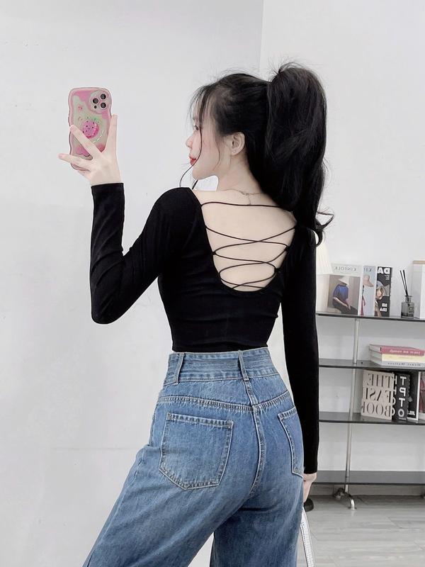 Áo croptop nữ cổ vuông hở lưng dây chéo kiểu đan dây có mút ngực dáng form ôm body dáng ngắn Nhung Women áo hở eo