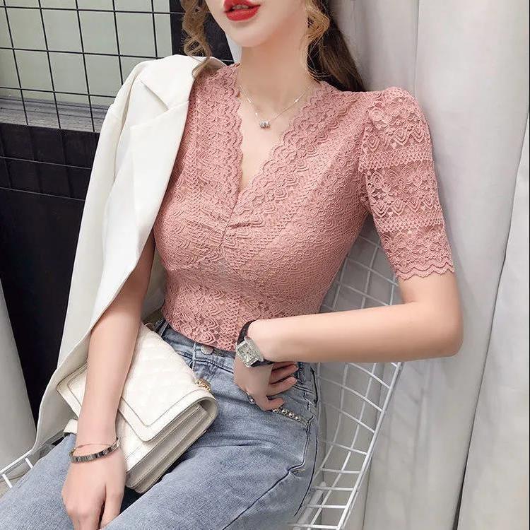 Áo Sơ Mi Ren khoét Tay bồng Cho Nữ, Hàng Mới Về Mùa Hè, ngắn Tay, Cổ Chữ V, Áo Gợi Cảm, Độc Đáo, Dáng Ôm, Dễ Phối Đồ, Cỡ Nhỏ Áo Sơ Mi Nhỏ Top Women 7