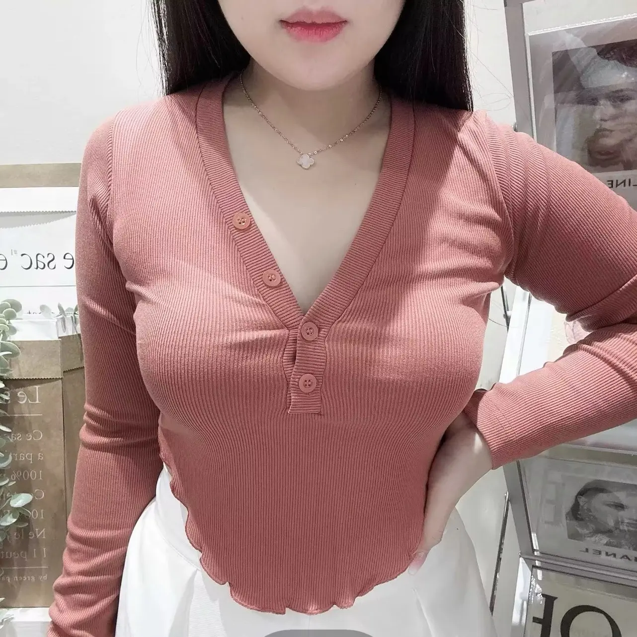 Zuri Button Long Sleeve Top | Atasan Vneck Korean Fashion | TGA Fashion Grosir