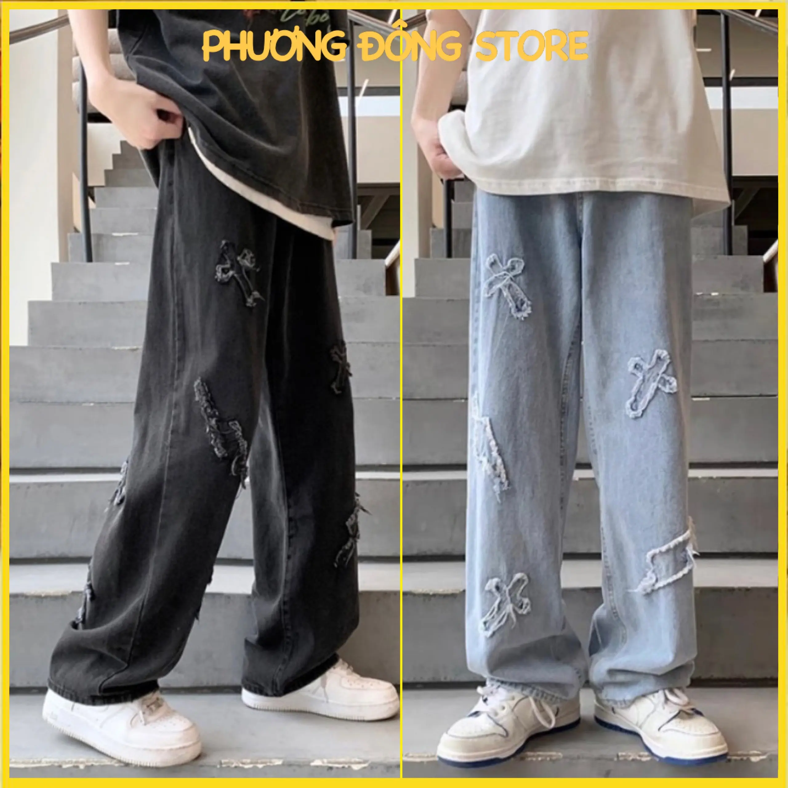 Quần jeans nam Thêu chữ thập - thánh giá ống suông rộng xanh đen cao cấp