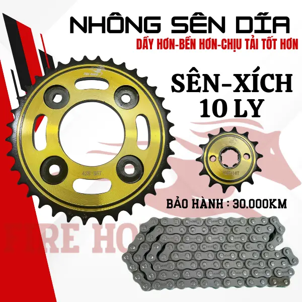 Bộ Nhông Sên 10LY Vàng Đen Chịu Tải-Chịu Kéo Thương Hiệu FIRE HORSE - Nhông & dĩa chất lượng tốt, độ bền cao, chịu ma sát tốt