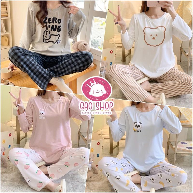 Bộ Bầu Cổ Tròn Họa Tiết Xinh Xắn Mặc Nhà Cotton Đồ Bầu Sau Sinh Mở 2 Bên Cho Con Bú Và Quần Chun Chỉnh Bụng, Bộ Dài Tay Váy Bầu Đầm Bầu Vải Cotton