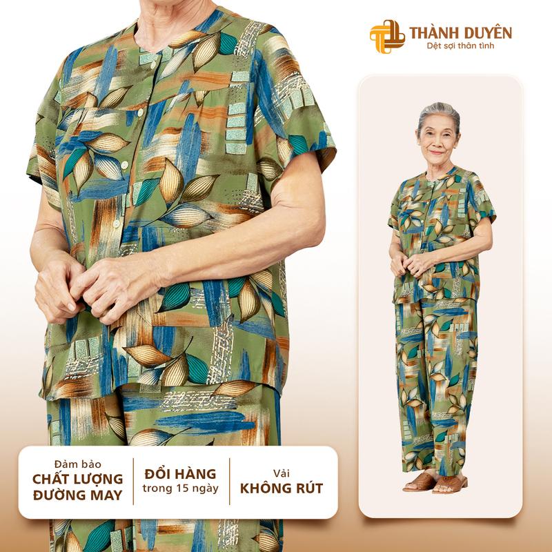 Đồ bộ Tole họa tiết bông cho bà mặc nhà Thành Duyên cổ tròn tay ngắn quần dài C - 1546TCD