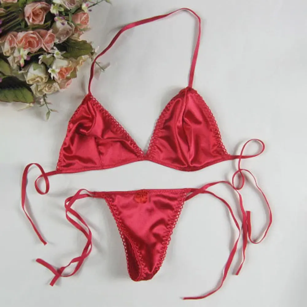 Sexy Womens Satin Silk Thong Underwear Bra Panties T-back Lace Up Lingerie Womenswear Accessory