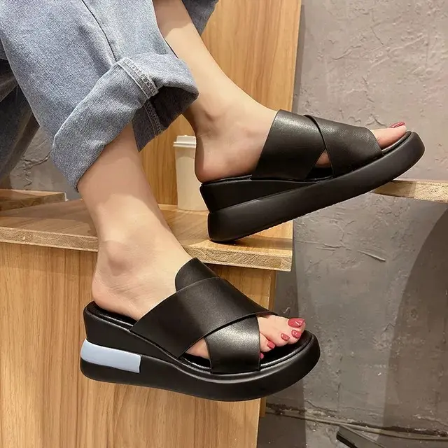 sandal wedges wanita slop platform rs23 Hitam Sendal Cewek