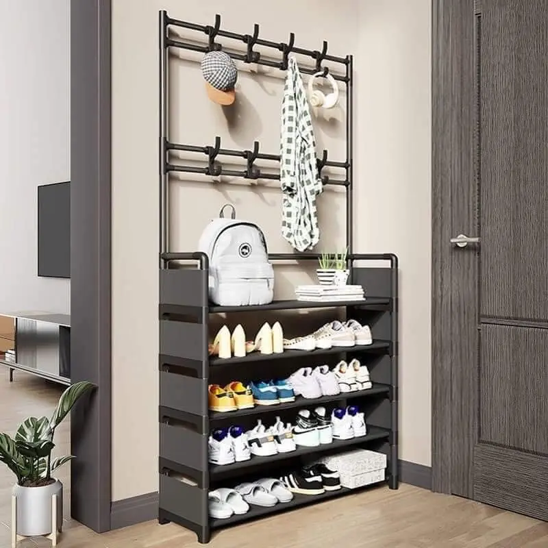 Kệ giầy chữ H 4 tầng sơn tĩnh điện kèm móc treo đồ ống trắng inox 0