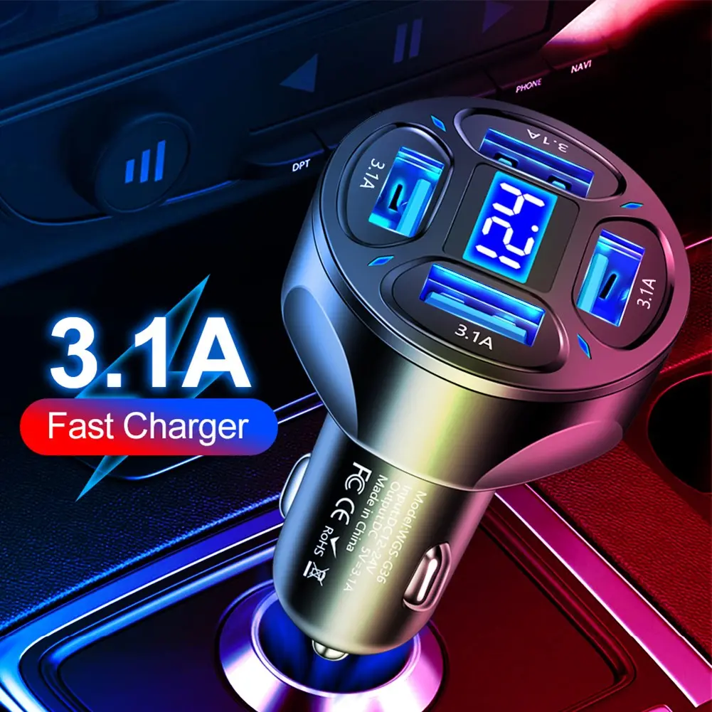 4Ports USB Car Charger Adapter LED Display 3.1A Fast Charging Accessories
