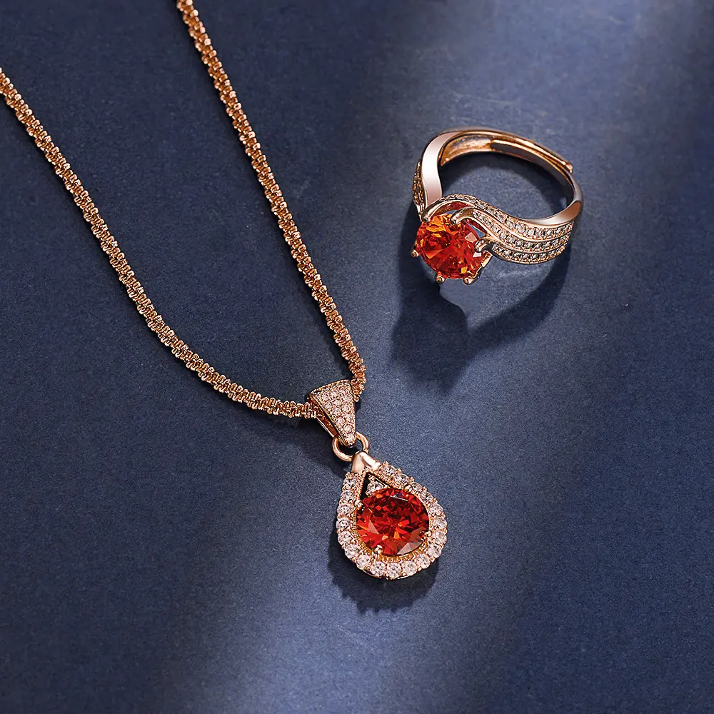 New Creative New 3 Karat Pomegranate Red Zircon Champagne Gold Ornament Colored Gems Pendant Women's Light Luxury Advanced Ring Necklace Suit