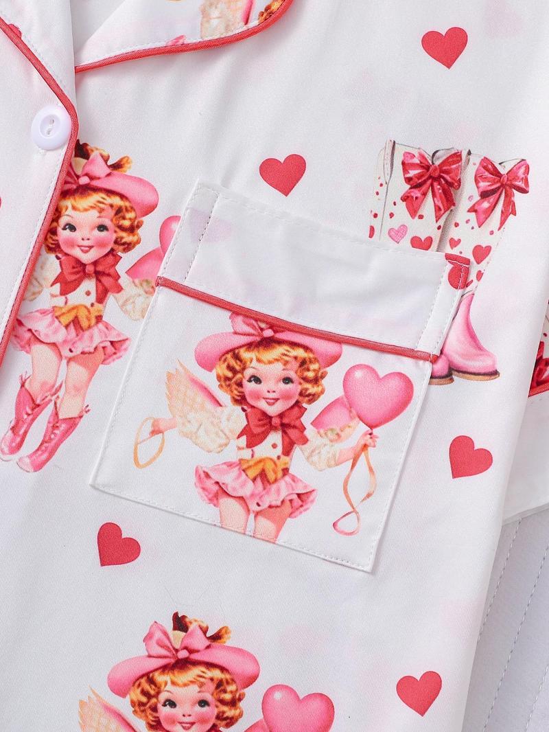 Product Introduction of Women's All Over Cartoon Print Button Front Shirt & Shorts Pyjama Two-piece Set, Casual Comfy Short Sleeve Top & Shorts Pj Set, Ladies Sleepwear for All Seasons, Pajamas 5