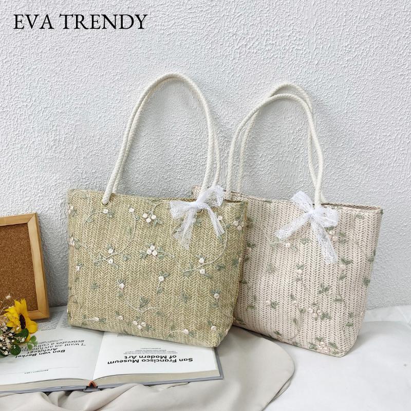 [EVATRENDY] Túi tote cói phối ren tiểu thư cột nơ thời trang TX026
