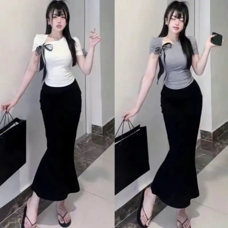 Set áo tăm lạnh kèm dây nơ phối chân váy đuôi cá