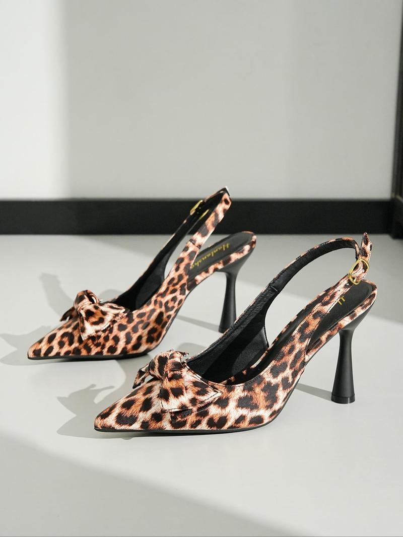 Product Introduction of Women's Fashionable Leopard Print Bowknot Decorated High Heel Shoes, Elegant Pointed Toe Heels for Party, Daily Clothing Decor for Women & Girls, Stylish 1