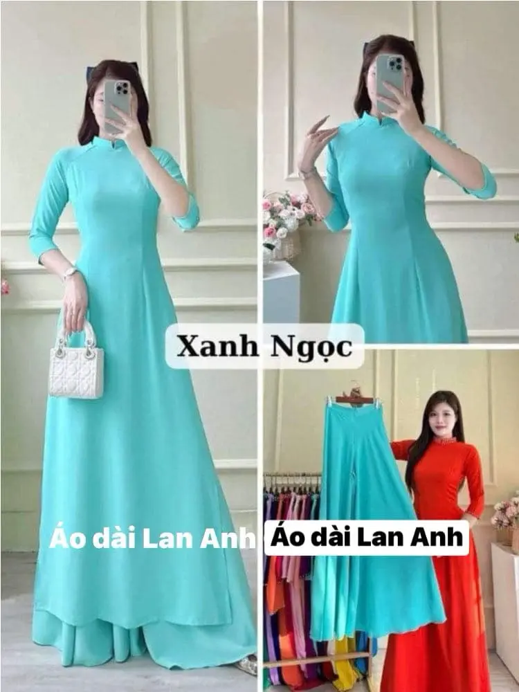 Áo dài truyền thống màu xanh ngọc bích vải lụa mỹ cao cấp, mềm mịn thấm hút co giãn tốt - cổ 2p tay lỡ