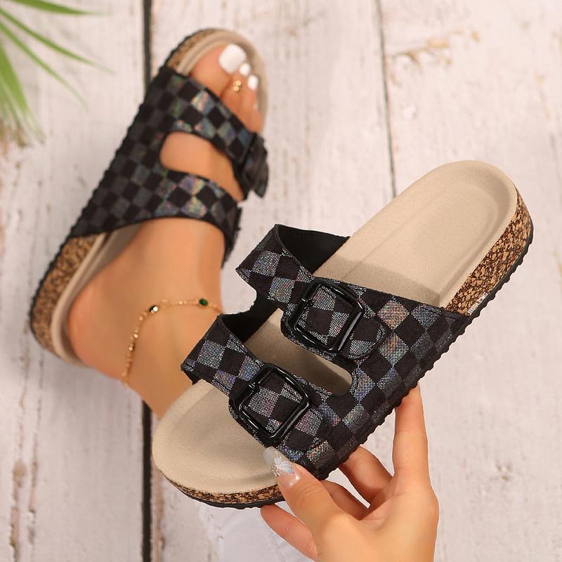 Women's Summer Footwear Chic Checkered Slide Sandals with Buckle ...