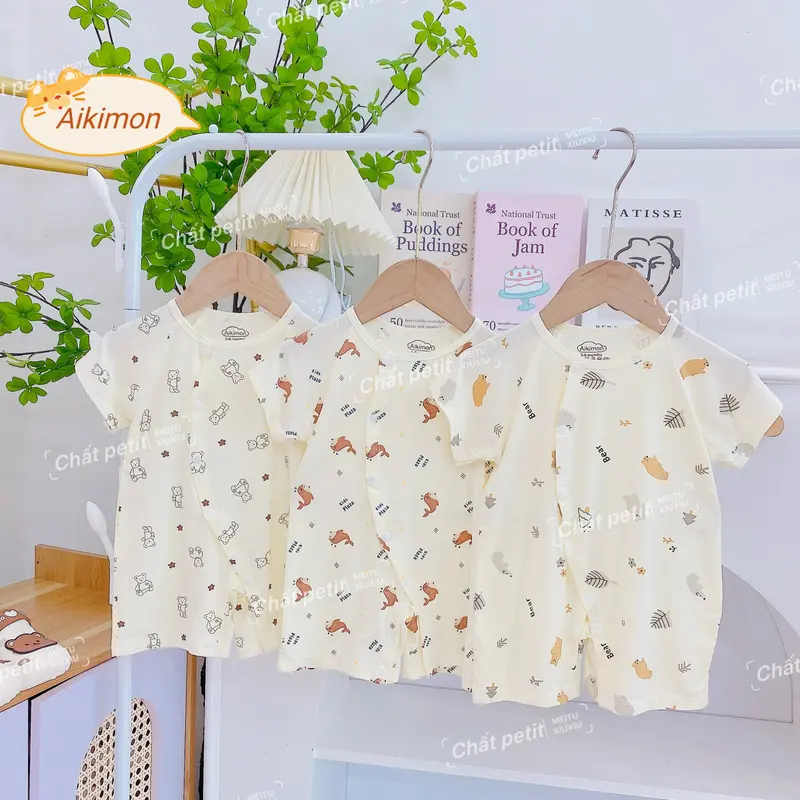 Áo liền quần ngắn tay, Jumpsuit cộc tay vải peptit mềm mát co giãn tốt cho bé trai bé gái sơ sinh từ 3-9kg BD01 2