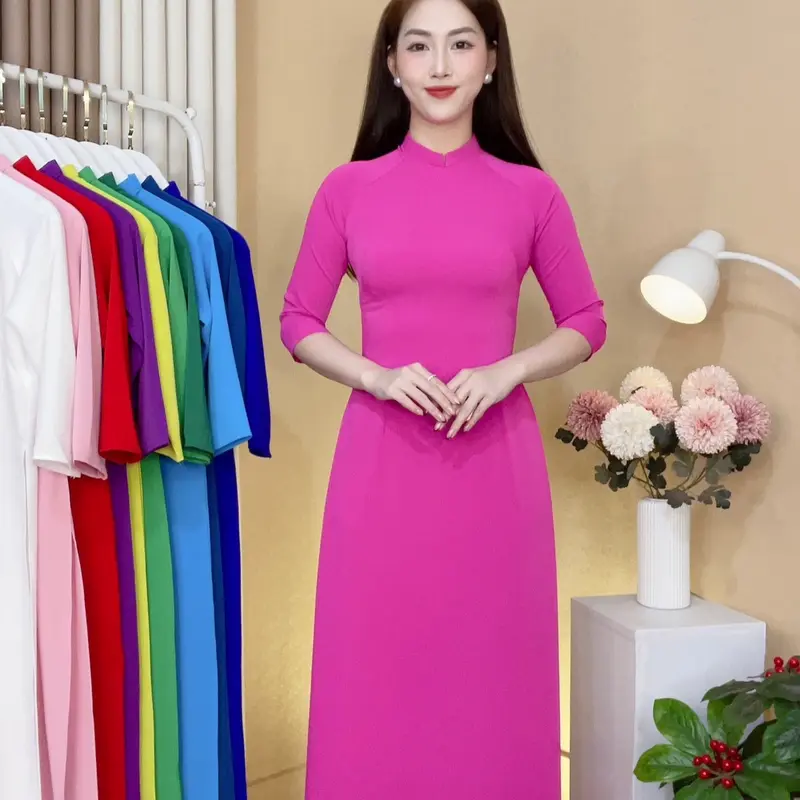 áo dài nữ áo chất liệu vải lụa Mỹ cao cấp dáng truyền thống cổ 2 phân tay lỡ 5