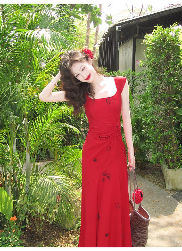 Product Introduction of Váy Hai Dây Vest Cổ Vuông Màu Đỏ Pháp, Đĩa Xanh Ăn, Chiang Mai Hoa Hồng Đỏ, Váy Tiệc Trà Đuôi Cá, Váy Đi Kỳ Nghỉ Cho Nữ, Năm 2025 Dress Women 8
