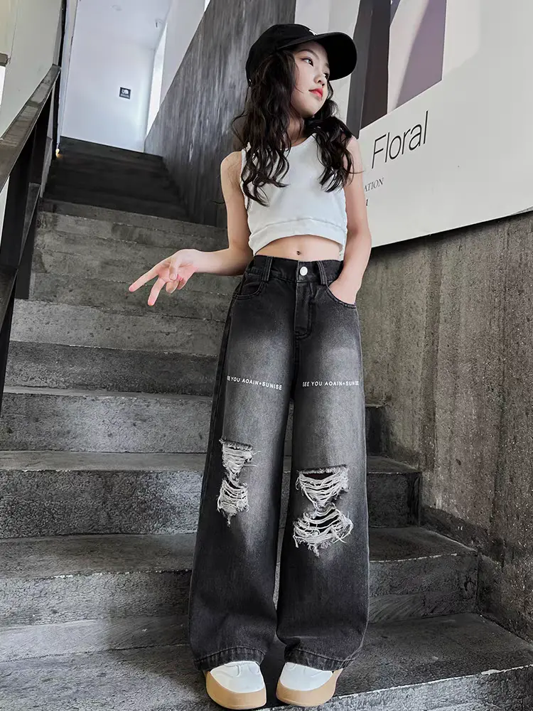Quần Jean Xuông Rách SEE Cạp Chun Cho Bé Gái Ong Women Dáng Suông Sz 11-15 Hàng Việt Nam Pants dài