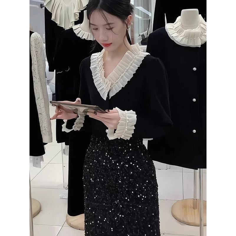 Product Introduction of [ Bigsize 55-100kg] Áo nhung cổ bèo voan đính ngọc sang chảnh cầu kì 1