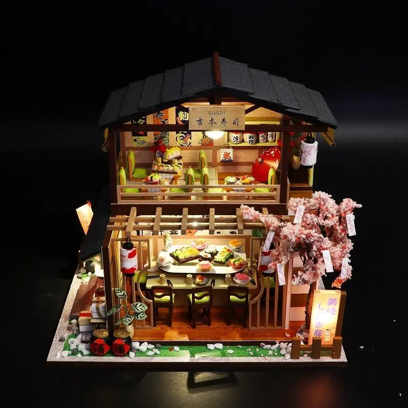 Sakura Sushi Bar Design Assembled Doll House, DIY Building Block Wooden Toy For Kids, Stocking Fillers Gift 0