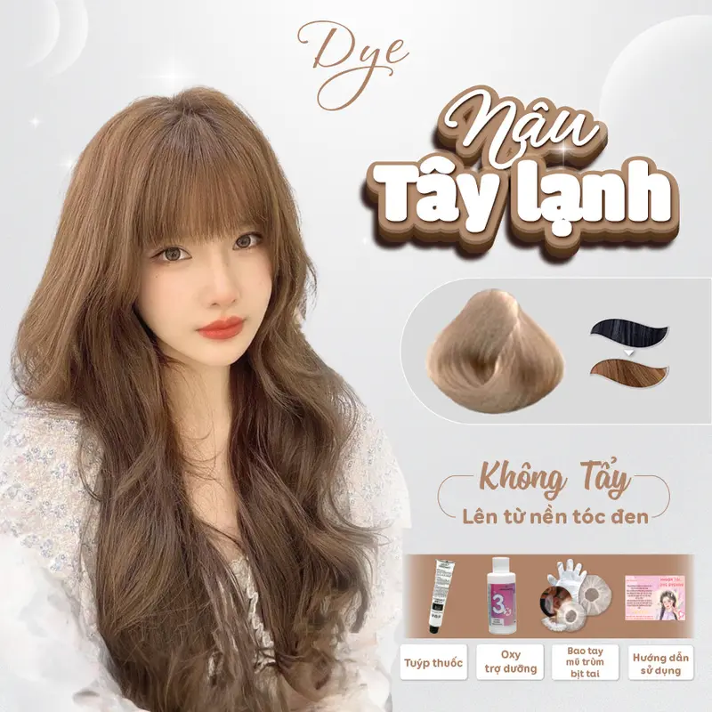Thuốc nhuộm màu Nâu Tây Lạnh, không cần tẩy tóc, Dyehair, Không chứa silicon, Bền màu, tuyp thuốc 100ml tặng kèm oxy trợ nhuộm và bao tay Đổi Màu Tóc Nhuộm Tóc Đổi Màu Tóc Nhuộm Tóc Dưỡng Tóc Nữ