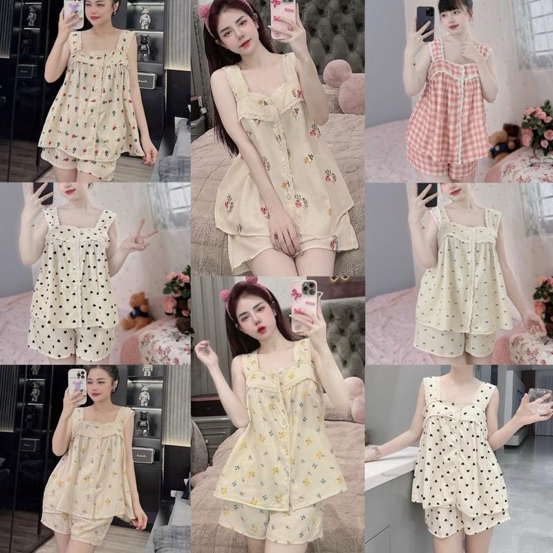 Set Bộ Đũi Lạnh Hai Dây Phối Ren Mềm Nhiều Hoạ Tiết Mặc Nhà Mát Lịm Fom Dáng Rộng Rãi Hình Hoa Nhí -Trái Tim-Nơ Nhí Xinh Xắn Cho Nữ Women Áo Top Nhung