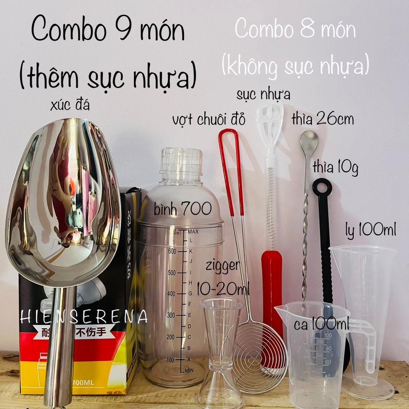 Combo 8 HOẶC 9 MÓN dụng cụ pha chế để học pha chế hoặc mua bổ sung cho quán, chất liệu nhựa PP, inox 304 đảm bảo vs ATTP (ca 100ml, ly 100ml, thìa 10g, thìa 26cm, vợt chuôi đỏ, zigger, bình lắc, xúc đá)