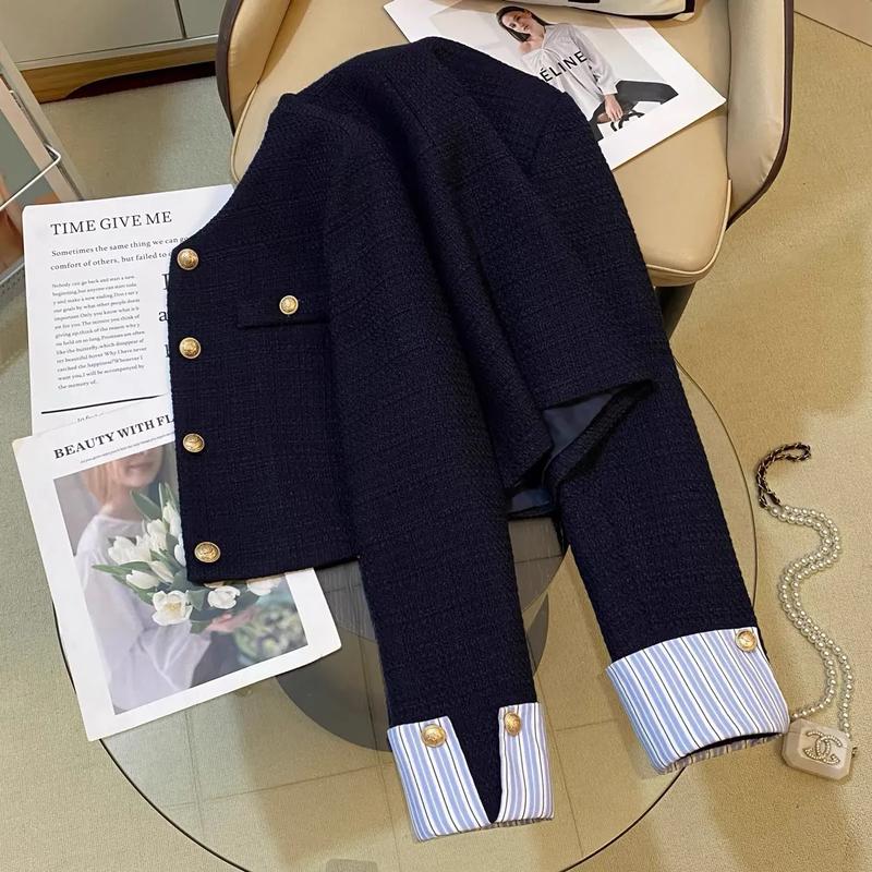 Áo Khoác Vest, Màu Xanh Navy, Dành Cho Nữ, Hàng Mới Về Mùa Thu 2024, Thiết Kế Khâu Thời Trang Pháp, Phong Cách Nữ Thần Thanh Lịch, Áo 3