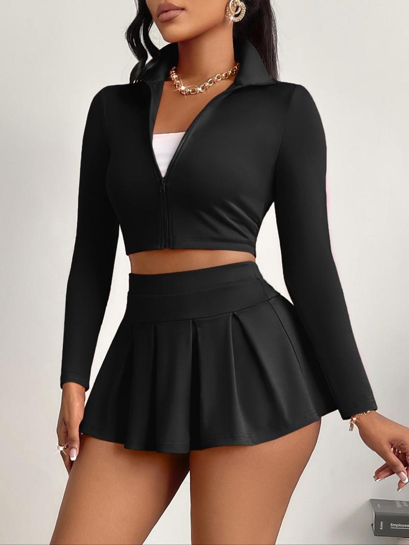 Product Introduction of Women's Solid Zip Up Crop Jacket & High Waist Skirt Two-piece Set, Casual Fashion Cozy Two Piece Outfits for Daily Outdoor Wear, Women Clothes for Spring Fall 3