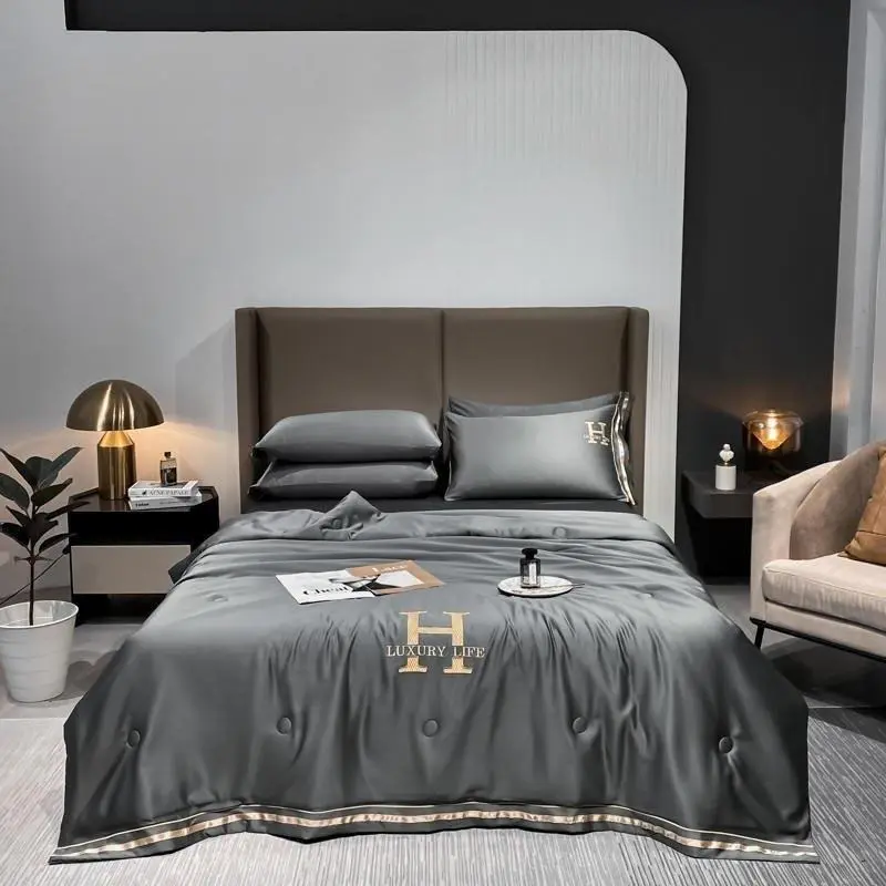 BEARBEDDING-Bộ chăn ga phi lụa chữ 'H' phiên bản chăn trần Chất Liệu Mềm Mại, Set 4 món