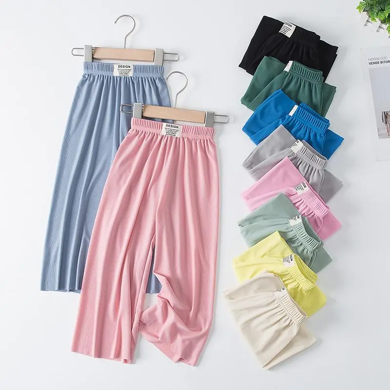 【LF】Kids Wide-leg Trousers 100-160cm Ice Silk Girls Pinstripe Casual Long Pants for Spring Summer
