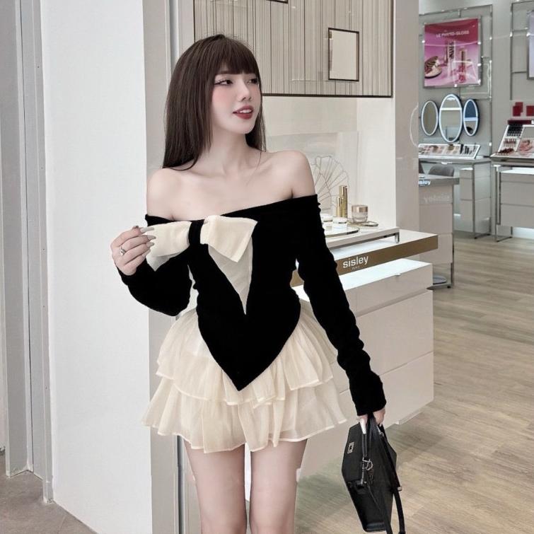 Set áo tăm trễ vai phối nơ dài tay kèm chân váy xoè to đũi dễ thương, Set bộ hề váy tơ áo trễ vai Nữ Kem Women Top 4