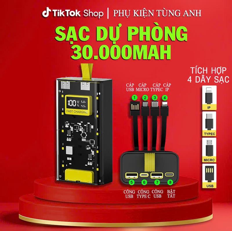 Sạc Dự Phòng Trong Suốt 30.000mAh - Cổng Sạc Nhanh 3.0, Với 2 Cổng Sạc Nhanh 120w Thiết Kế Mới Màn Hình LED Sạc Pin Pin Dự Phòng hãng chính sạc  dự   sạc