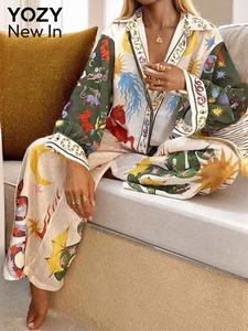 Two-piece Set YOZY  Women's Animal Print Button Front Top & Wide Leg Pants, Long Sleeve Collared Top & Trousers, Casual Spring & Fall Clothes for Ladies, Womenswear