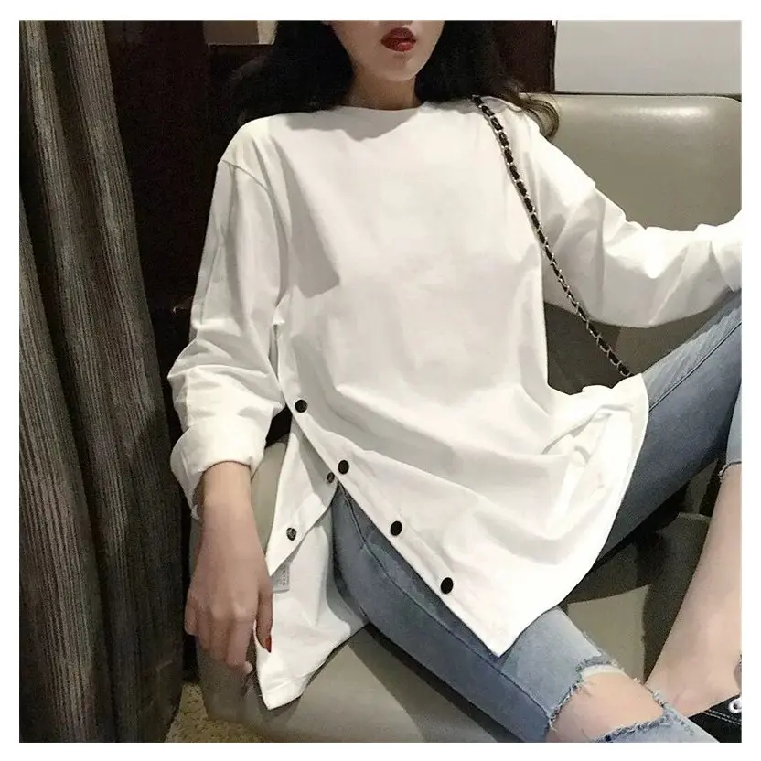 TSHIRT IMPORT OVERSIZE TEE KAOS LONGGAR KOREA WANITA MURAH MOTIF BASIC BUTTON LS KANCING POLOS