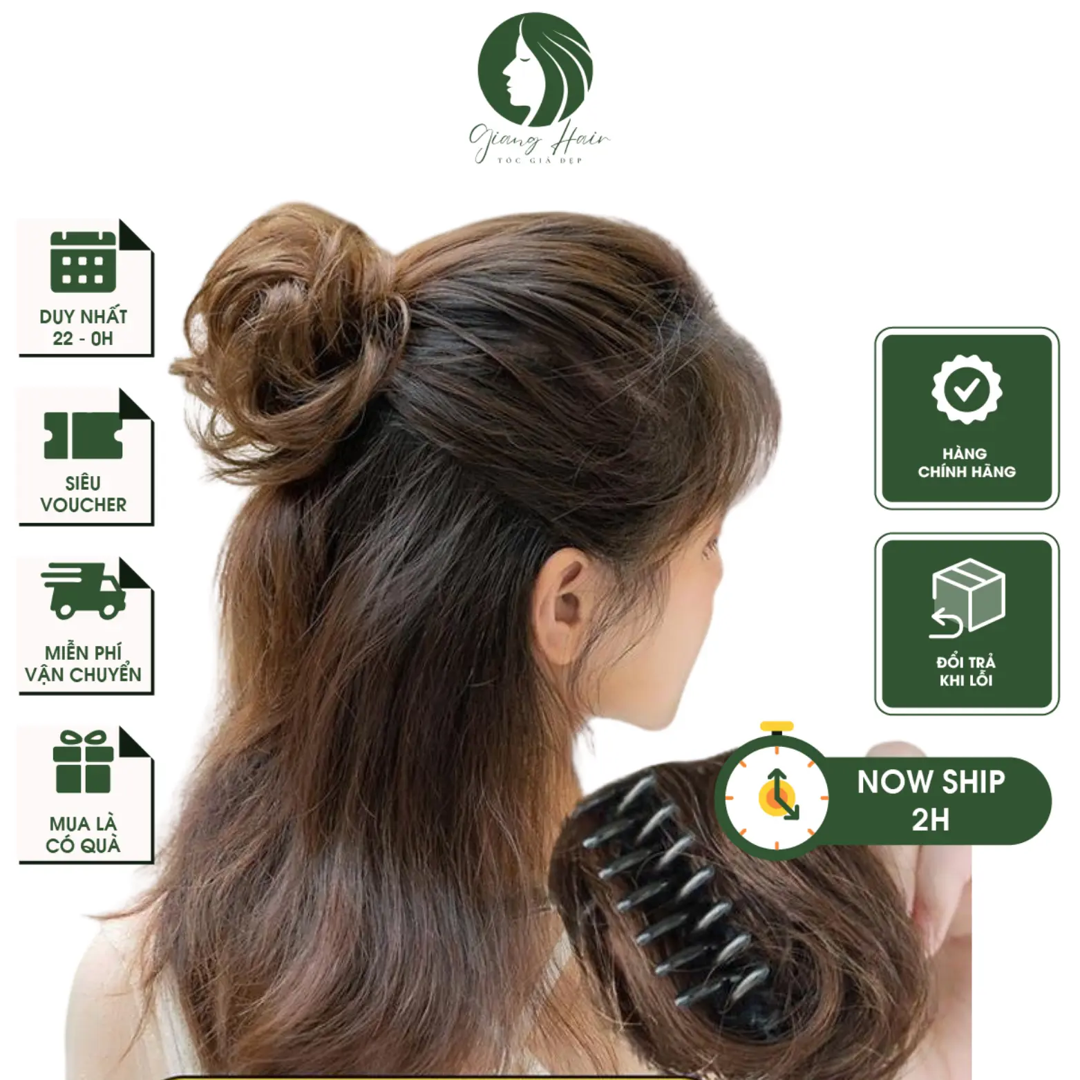 Tóc giả búi gấp bản nhỏ, tóc giả búi xoăn bản7,5cm đến 10cm-M15